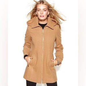 Michael Michael Kors Pea Long Coat With Hoodie Wool Blend Camel Money City L